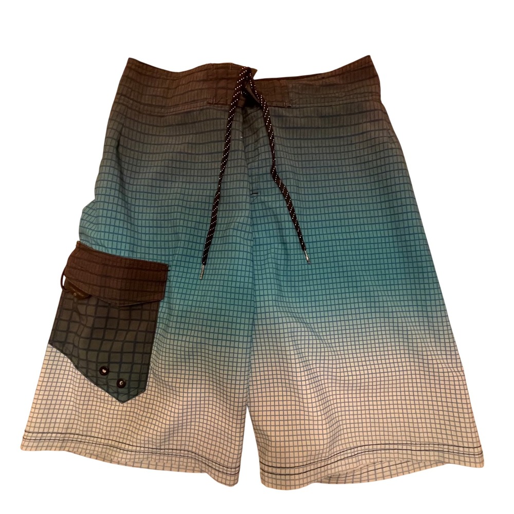 Ocean Current‎ Swim Trunks Board Shorts Ombre Plaid Pocket Drawstring Size 28